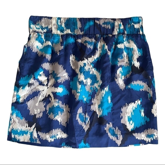 Ann Taylor LOFT Silk Mini Skirt Blue Abstract Boho Print Pockets Elastic Waist S - Picture 4 of 6